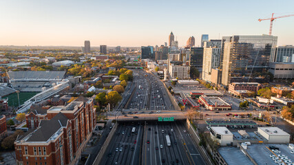Aerial view overtop Interstate-85 northbound in downtown Atlanta.