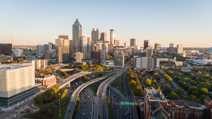 Aerial landscape shot of the scenic downtown Atlanta, Georgia skyline.