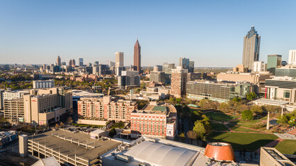Drone point of view shot facing the northeast side of downtown Atlanta, Georgia.