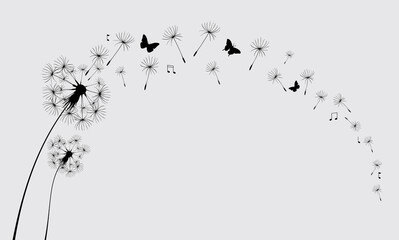 Dandelion with flying butterflies and seeds, vector illustration. Vector isolated decoration element from scattered silhouettes