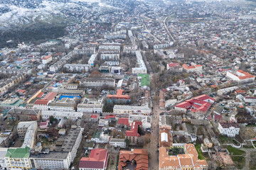Fototapeta na wymiar The city of Feodosia in winter from a bird's eye view. Historical center of the city.