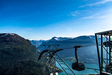 Loen Skylift aerial tramway cabin station at the top of Mount Hoven, Norway with panoramatic view on Loen lake