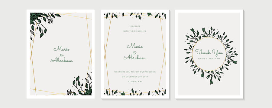 Wedding Invitation, floral invite thank you, rsvp modern card Design in golden rose leaf greenery branches decorative Vector elegant rustic template