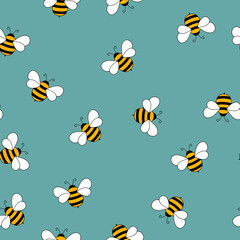Seamless pattern with bees on color background. Small wasp. Vector illustration. Adorable cartoon character. Template design for invitation, cards, textile, fabric. Doodle style