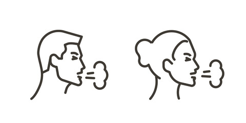 Man and Woman face coughing. Vector thin line icon illustration of sick people cough. Influenza, virus, flu, cold or allergy graphic element.