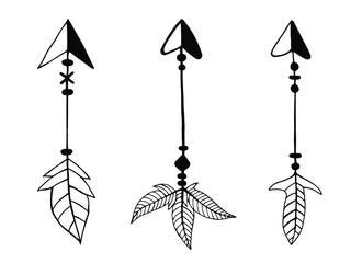Set of vector illustrations of arrows. Isolated objects on a white background. Boho style bow arrows with feathers. Doodle illustration, black outline