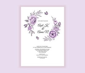 Modern wedding invitation card with beautiful purple flowers