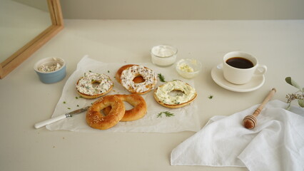 The morning, bagel and coffee