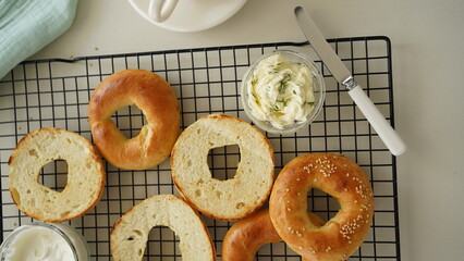 The morning, bagel and coffee