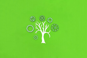 A tree with a crown of green gears. ready-made project. Joint business. A common cause.