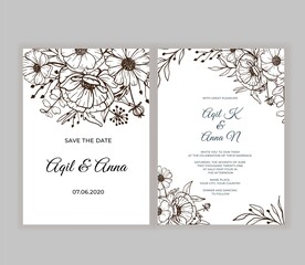 Modern wedding invitation with beautiful line art brown flower