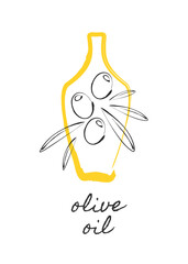 Minimalistic hand drawn olive oil bottle on transparent background. Vegan component. Traditional food seasoning. Extra virgin oil. Isolated vector illustration for restaurant, organic shop banner.