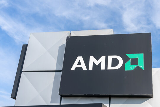 Markham, Ontario, Canada - January 16, 2021: AMD office in Markham, Ontario, Canada. Advanced Micro Devices, Inc. (AMD) is an American multinational semiconductor company.