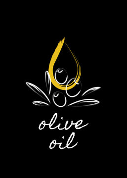 Olive oil vector isolated illustration on black background. Greek, Italian, Mediterranean, cuisine. Extra virgin oil. Vector illustration for restaurant, organic shop banner, flyer.