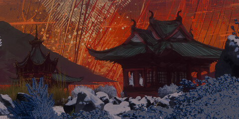 Chinese style structures. Digitally painted world. Colorful artistic scenery. Beautiful landscape. 3D illustration.