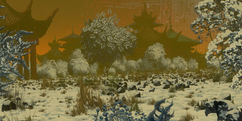 Chinese style structures. Digitally painted world. Colorful artistic scenery. Beautiful landscape. 3D illustration.