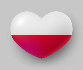 Heart shaped glossy national flag of Poland. European country national flag button, Polish symbol in patriotic colors realistic vector illustration on gray background