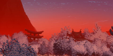 Japanese panorama. Chinese style structures. Digital art illustration. Beautiful landscape.  Japan architecture. 3D illustration. 