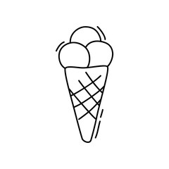 Contour, vector drawing of ice cream in a waffle cup. Black-and-white illustration on an isolated background for a sticker phone, print.