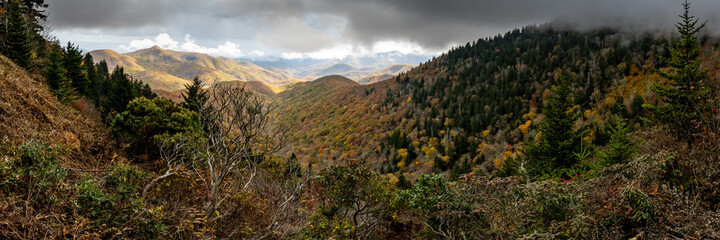 Rain Clouds Gater Over Gnarly Bushes Overlook Fall Colors In The Valley
