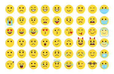 Emoji face icon set. Different type flat emoticon smile collection. Mood or facial emotion symbol. Faces expressing laugh, joyful, sad, angry. Emoticons in mask. Isolated on white vector illustration