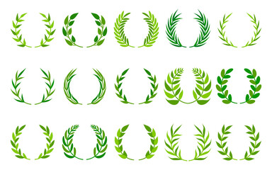 Green foliate trophy crest, winner round emblem icon set. Circular laurel branches or olive branch award. Collection vintage leaf wreaths. Great for card, logo, game apps. Isolated vector illustration