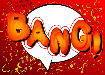 Comic book Bang word effect on bright  abstract background. Vector cartoon illustration in retro pop art style.  Comics text sound effects.