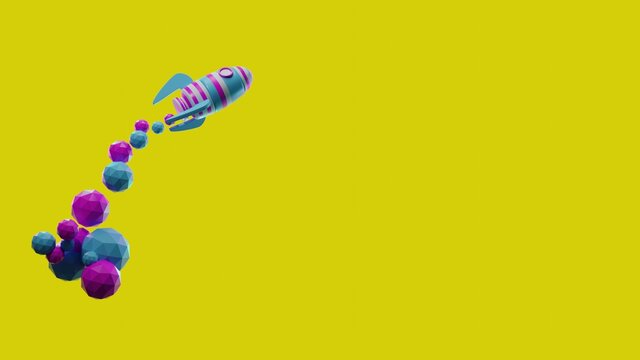 3d rocket flying colorful illustration in yellow backround