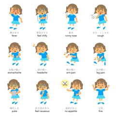 「熱がある」「せきが出る」など体の症状を示す女の子のイラストセット ベクター