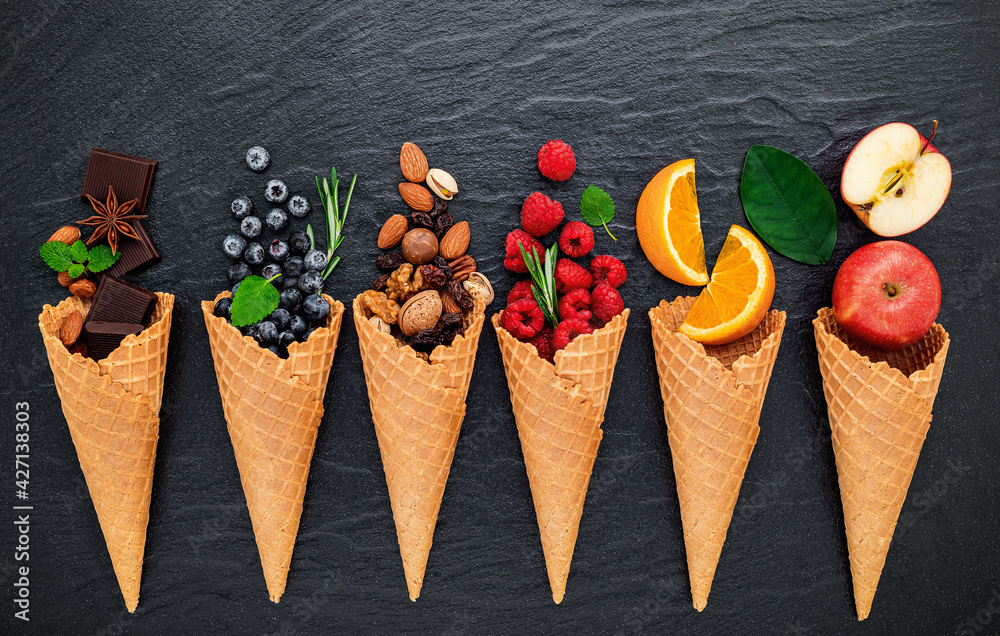 Aufkleber various of ingredient for ice cream flavor in cones blueberry ,lime ,pistachio ,almond ,orange ,choc