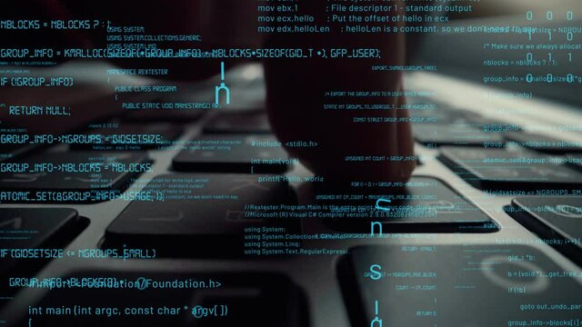 Creative visual of computer programming coding and software development shown by man working on computer keyboard with overlay of computer graphic displaying abstract program codes and computer script