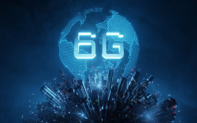 3D Rendering of 6G text on megacity and glowing led hologram planet earth. Concept of global communication, future technology