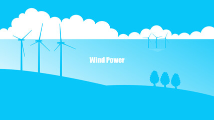 Fototapeta premium Illustration of wind power generator in nature landscape. Onshore and offshore wind farms.