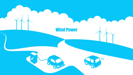 Illustration of wind power generator and electric vehicles in nature landscape.