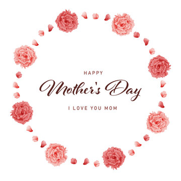 母の日　水彩　カーネーション　円フレーム　丸フレーム/ Watercolor Circle Carnation Frame for Mother's Day - Vector Image