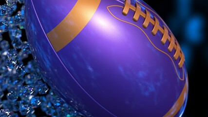 Purple-Orange American Foot Ball with Diamond Particles under blue flash light background. 3D illustration. 3D high quality rendering. 