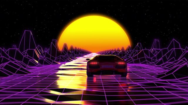Beautiful 80s Retro Style CGI Animation. Futuristic Sport Car Driving through a Purple Neon Grid Landscape to a Yellow Sunset. Retrowave Seamless Loop.