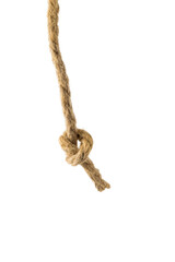 A piece of coarse rope with a knot at the end isolated on a white background.