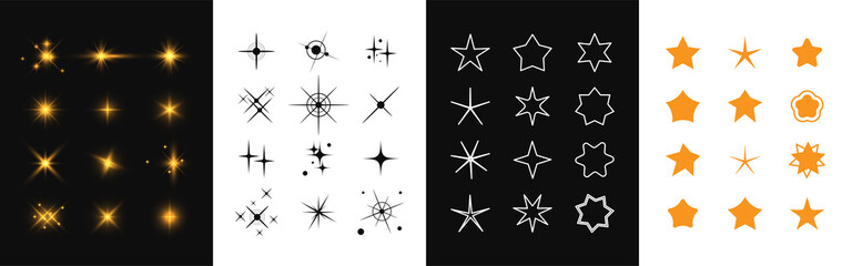 Set of stars icons. Collection of various shape twinkling effect symbols isolated on black, white background. Magic particle vivid for decorative for festive. Fantasy elements. Vector illustration.