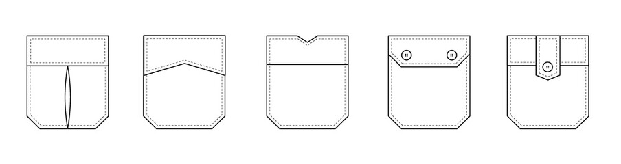 Patch pocket. Set of uniform patch pockets shapes for clothes, dress, shirt, casual denim style. Isolated icons.