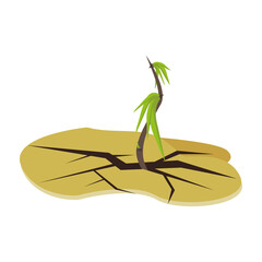 Strength and power of nature. A crack in the ground and a young sprout. Green grass, the plant grows through dry desert soil. Fragment of an oasis. Environment. Vector illustration