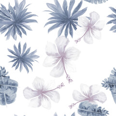 Fototapeta na wymiar Indigo Seamless Botanical. Blue Pattern Illustration. Navy Tropical Palm. Gray Flower Texture. Azure Watercolor Palm. Cobalt Spring Palm. Decoration Texture.