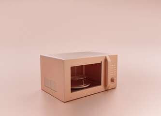 Anodized Rose Gold Material single color kitchen appliance, Microwave, on light pinkish color background, 3d rendering, utensil