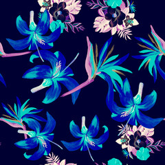 Fototapeta na wymiar Navy Pattern Plant. Cobalt Seamless Textile. Azure Tropical Foliage. White Flower Botanical. Blue Garden Hibiscus. Pink Drawing Foliage. Decoration Art.