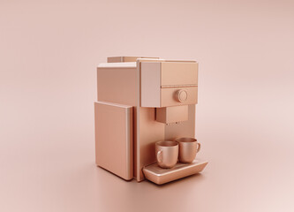 Obraz premium Anodized Rose Gold Material single color Coffee Machine, kitchen appliance, on light pinkish color background, 3d rendering, monochrome utensil