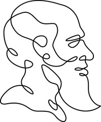 Head portrait of an elderly bearded man. Profile of a bald old man. One continuous drawing line  logo single hand drawn art doodle isolated minimal illustration.