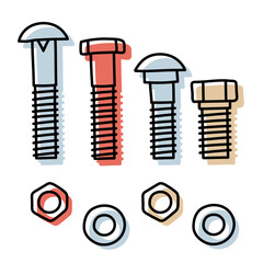 Bolt, nut, washer and screw vector set. Color doodle sketch illustration