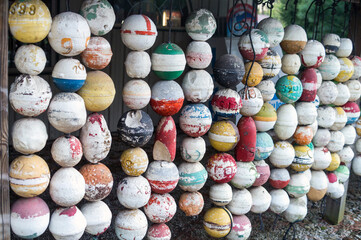 Old net bogey floats form a unique wall decoration