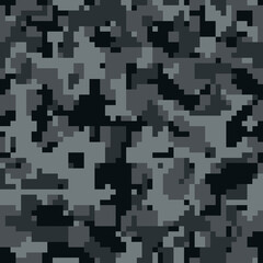 Digital black camo texture. Pixel army camouflage seamless pattern for your design. Vector print