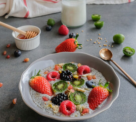 Delicious homemade snacks / Mixed Berries Chia Seed Pudding with Mixed Nuts / For a complete balance diet of nutritious benefits ideal for busy working people